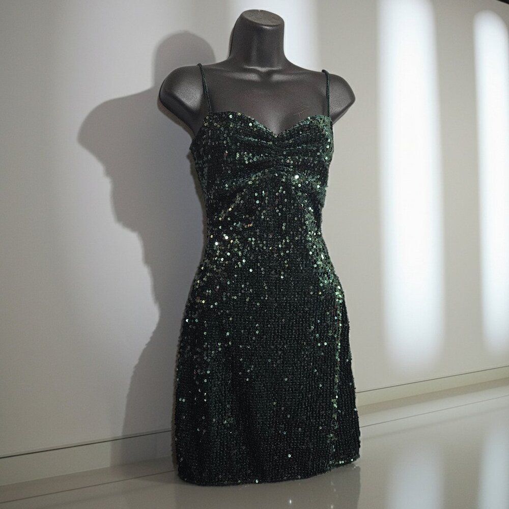 Consignment Zara Green Velour Sequined Stretch Sz Medium Mini Coctail Party Club